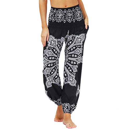 Nuofengkudu Damen Hippie Harems Hose Pumphose Haremshose Aladdinhosen Boho Gemustert Gesmockte Taille mit Taschen Yogahose Freizeithose Sommerhose Strandhose(Y-Muster D,One Size) von Nuofengkudu