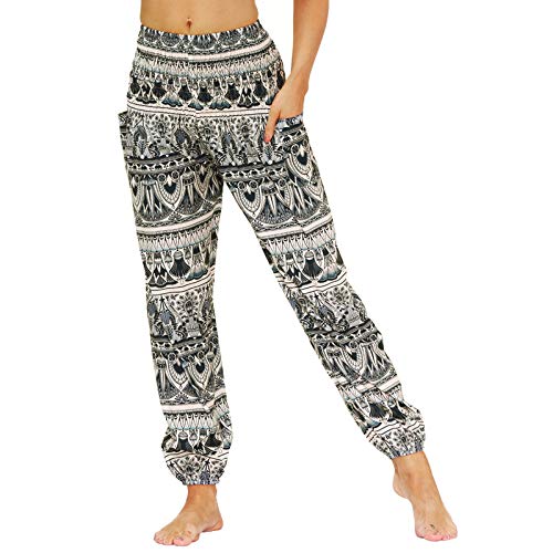 Nuofengkudu Damen Hippie Harems Hose Pumphose Haremshose Aladdinhosen Boho Gemustert Gesmockte Taille mit Taschen Yogahose Freizeithose Sommerhose Strandhose(Y-Muster E,One Size) von Nuofengkudu