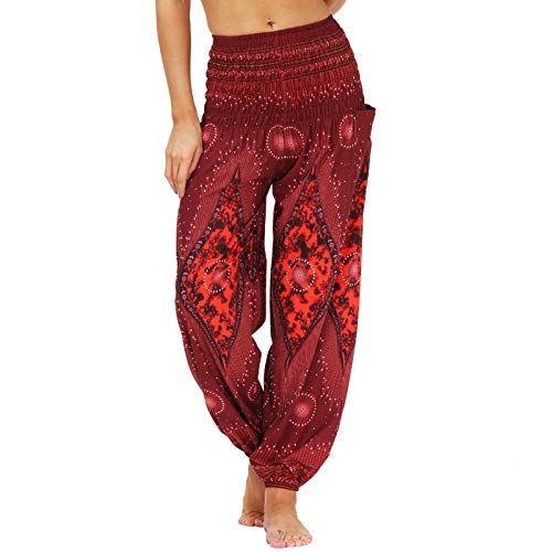 Nuofengkudu Damen Hippie Harems Hose Pumphose Haremshose Aladdinhosen Boho Gemustert Gesmockte Taille mit Taschen Yogahose Freizeithose Sommerhose Strandhose(Y-Muster F,One Size) von Nuofengkudu