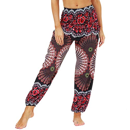 Nuofengkudu Damen Hippie Harems Hose Pumphose Haremshose Aladdinhosen Boho Gemustert Gesmockte Taille mit Taschen Yogahose Freizeithose Sommerhose Strandhose(Y-Muster H,One Size) von Nuofengkudu