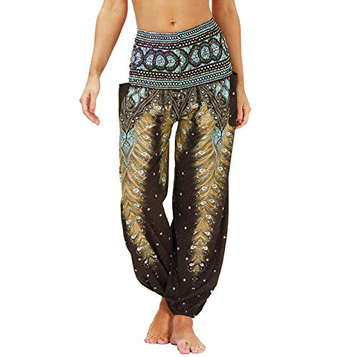 Nuofengkudu Damen Hippie Harems Hose Pumphose Haremshose Aladdinhosen Boho Gemustert Gesmockte Taille mit Taschen Yogahose Freizeithose Sommerhose Strandhose(Y-Muster I,One Size) von Nuofengkudu