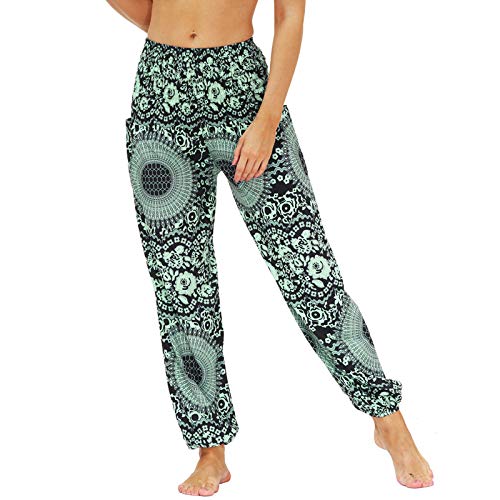Nuofengkudu Damen Hippie Harems Hose Pumphose Haremshose Aladdinhosen Boho Gemustert Gesmockte Taille mit Taschen Yogahose Freizeithose Sommerhose Strandhose(Y-Muster J,One Size) von Nuofengkudu