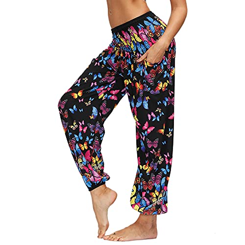 Nuofengkudu Damen Hippie Harems Hose Pumphose Haremshose Aladdinhosen Boho Gemustert Gesmockte Taille mit Taschen Yogahose Freizeithose Sommerhose Strandhose(Y-Schwarzer Schmetterling,One Size) von Nuofengkudu