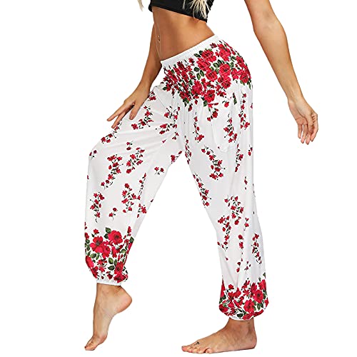 Nuofengkudu Damen Hippie Harems Hose Pumphose Haremshose Aladdinhosen Boho Gemustert Gesmockte Taille mit Taschen Yogahose Freizeithose Sommerhose Strandhose(Y-Weiß Geblümt,One Size) von Nuofengkudu