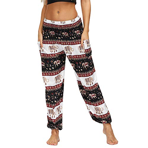 Nuofengkudu Damen Hippie Harems Hose Pumphose Haremshose Aladdinhosen Boho Gemustert Gesmockte Taille mit Taschen Yogahose Freizeithose Sommerhose Strandhose(Y-Weißer Elefant,One Size) von Nuofengkudu