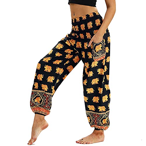 Nuofengkudu Damen Hippie Harems Hose Pumphose Haremshose Aladdinhosen Boho Gemustert Gesmockte Taille mit Taschen Yogahose Freizeithose Sommerhose Strandhose Gelb Elefant von Nuofengkudu