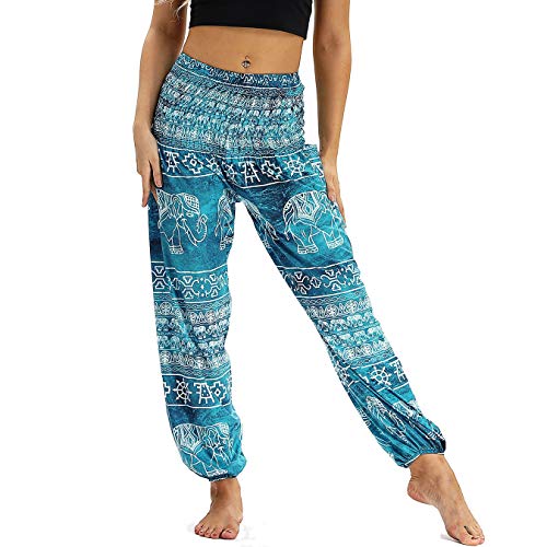 Nuofengkudu Damen Hippie Harems Hose Pumphose Haremshose Aladdinhosen Boho Gemustert Gesmockte Taille mit Taschen Yogahose Freizeithose Sommerhose Strandhose Hellblau Elefant C von Nuofengkudu