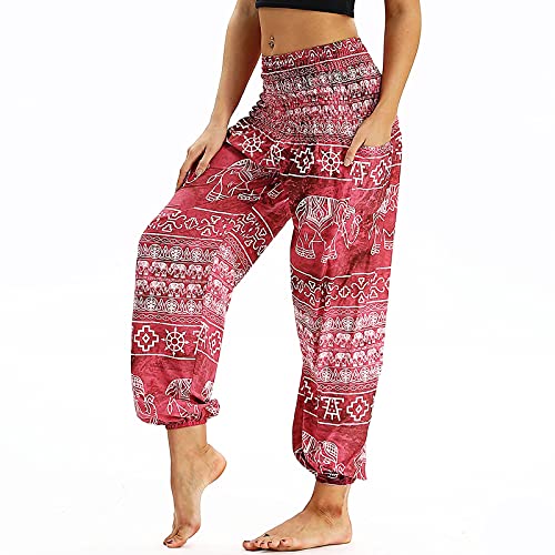 Nuofengkudu Damen Hippie Harems Hose Pumphose Haremshose Aladdinhosen Boho Gemustert Gesmockte Taille mit Taschen Yogahose Freizeithose Sommerhose Strandhose Rot Elefant A von Nuofengkudu