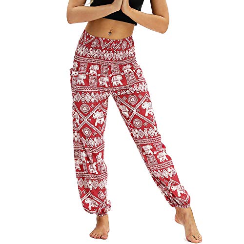 Nuofengkudu Damen Hippie Harems Hose Pumphose Haremshose Aladdinhosen Boho Gemustert Gesmockte Taille mit Taschen Yogahose Freizeithose Sommerhose Strandhose Rot Elefant B von Nuofengkudu