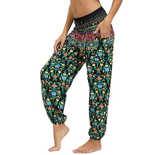 Nuofengkudu Damen Hippie Harems Hose Pumphose Haremshose Aladdinhosen Boho Gemustert Gesmockte Taille mit Taschen Yogahose Freizeithose Sommerhose Strandhose Schwarz Elefant B von Nuofengkudu