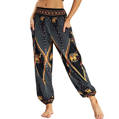 Nuofengkudu Damen Hippie Harems Hose Pumphose Haremshose Aladdinhosen Boho Gemustert Gesmockte Taille mit Taschen Yogahose Freizeithose Sommerhose Strandhose Schwarz Elefant B von Nuofengkudu