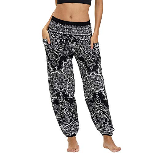 Nuofengkudu Damen Hippie Harems Hose Pumphose Haremshose Aladdinhosen Boho Gemustert Gesmockte Taille mit Taschen Yogahose Freizeithose Sommerhose Strandhose Schwarz Elefant B von Nuofengkudu