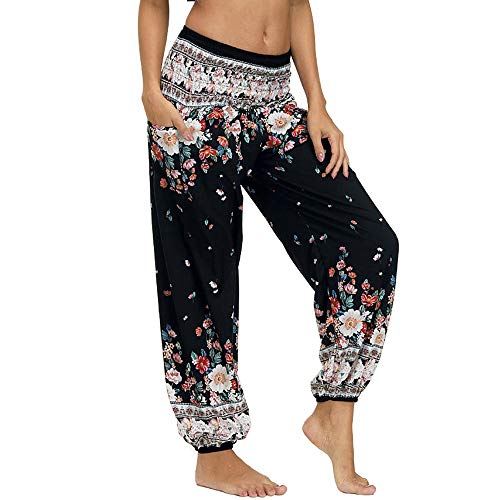 Nuofengkudu Damen Hippie Harems Hose Pumphose Haremshose Aladdinhosen Boho Gemustert Gesmockte Taille mit Taschen Yogahose Freizeithose Sommerhose Strandhose Weiß Geblümt von Nuofengkudu