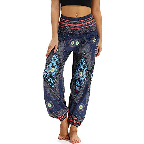 Nuofengkudu Damen Hippie Haremshose Capri Thai Hose Leichte mit Taschen Dünn Boho Ethno Blumenmuster Muster Strand Sommerhose Yogahose Blue Pfau von Nuofengkudu