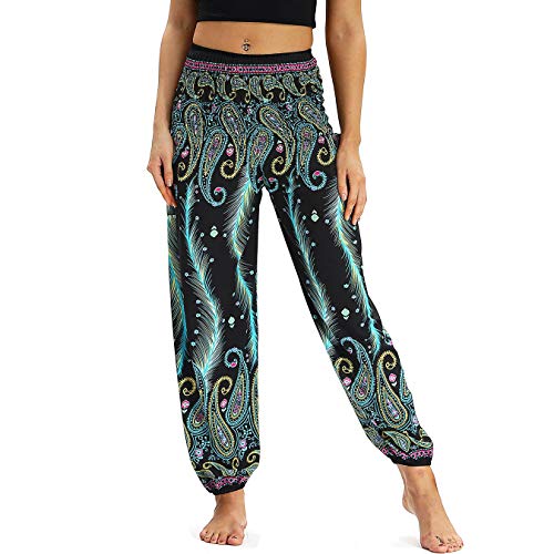 Nuofengkudu Damen Hippie Haremshose Capri Thai Hose Leichte mit Taschen Dünn Boho Ethno Blumenmuster Muster Strand Sommerhose Yogahose Mintgrün Pfau von Nuofengkudu