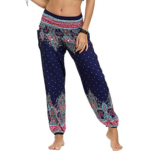 Nuofengkudu Damen Hippie Haremshose Capri Thai Hose Leichte mit Taschen Dünn Boho Ethno Blumenmuster Muster Strand Sommerhose Yogahose (Dunkelblau,One Size) von Nuofengkudu