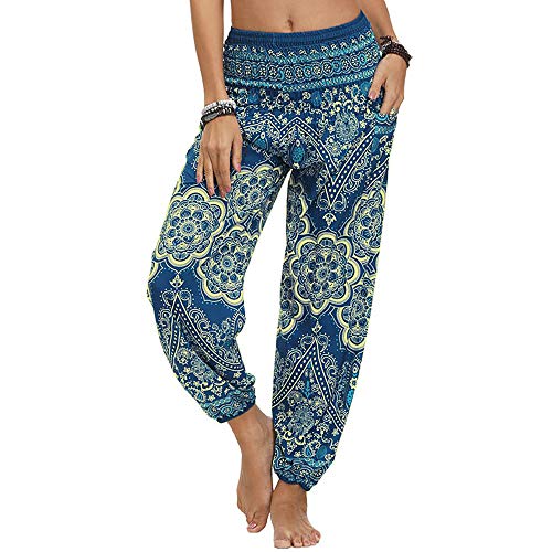 Nuofengkudu Damen Hippie Haremshose Capri Thai Hose Leichte mit Taschen Dünn Boho Ethno Blumenmuster Muster Strand Sommerhose Yogahose(Grüne Blume,One Size) von Nuofengkudu