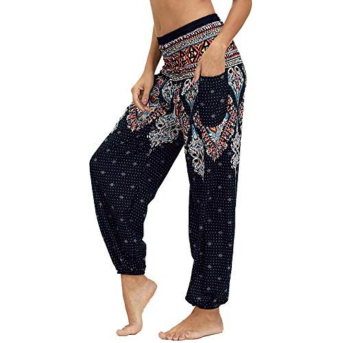 Nuofengkudu Damen Hippie Haremshose Capri Thai Hose Leichte mit Taschen Dünn Boho Ethno Blumenmuster Muster Strand Sommerhose Yogahose (Marineblau,One Size) von Nuofengkudu