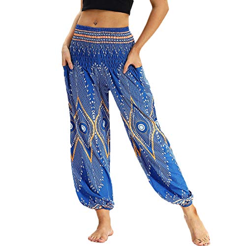 Nuofengkudu Damen Hippie Haremshose Capri Thai Hose Leichte mit Taschen Dünn Boho Ethno Blumenmuster Muster Strand Sommerhose Yogahose Blau Muster von Nuofengkudu