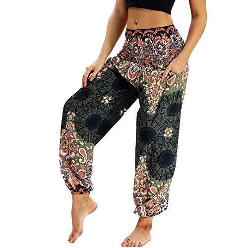 Nuofengkudu Damen Hippie Haremshose Capri Thai Hose Leichte mit Taschen Dünn Boho Ethno Blumenmuster Muster Strand Sommerhose Yogahose Braun Floral von Nuofengkudu