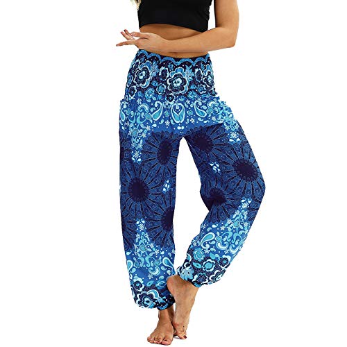 Nuofengkudu Damen Hippie Haremshose Capri Thai Hose Leichte mit Taschen Dünn Boho Ethno Blumenmuster Muster Strand Sommerhose Yogahose Dunkelblau Floral von Nuofengkudu