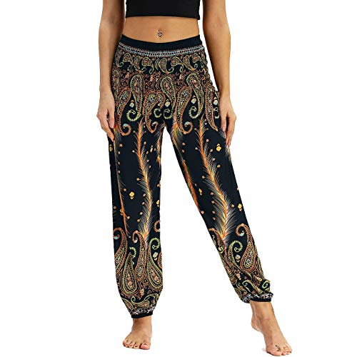 Nuofengkudu Damen Hippie Haremshose Capri Thai Hose Leichte mit Taschen Dünn Boho Ethno Blumenmuster Muster Strand Sommerhose Yogahose Gold Pfau von Nuofengkudu