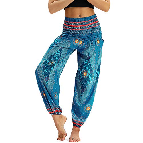 Nuofengkudu Damen Hippie Haremshose Capri Thai Hose Leichte mit Taschen Dünn Boho Ethno Blumenmuster Muster Strand Sommerhose Yogahose Hellblau Pfau B von Nuofengkudu