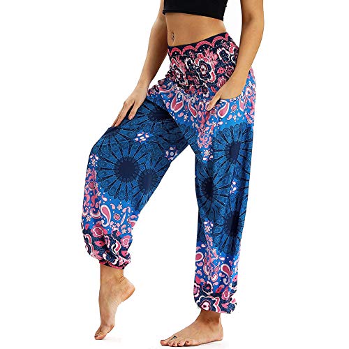 Nuofengkudu Damen Hippie Haremshose Capri Thai Hose Leichte mit Taschen Dünn Boho Ethno Blumenmuster Muster Strand Sommerhose Yogahose Rosa und Blau Floral von Nuofengkudu