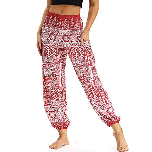 Nuofengkudu Damen Hippie Haremshose Capri Thai Hose Leichte mit Taschen Dünn Boho Ethno Blumenmuster Muster Strand Sommerhose Yogahose Rot Geometrie von Nuofengkudu