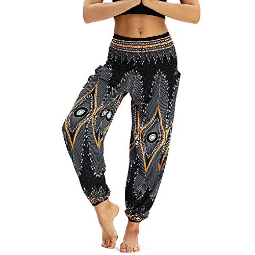 Nuofengkudu Damen Hippie Haremshose Capri Thai Hose Leichte mit Taschen Dünn Boho Ethno Blumenmuster Muster Strand Sommerhose Yogahose Schwarz Muster von Nuofengkudu