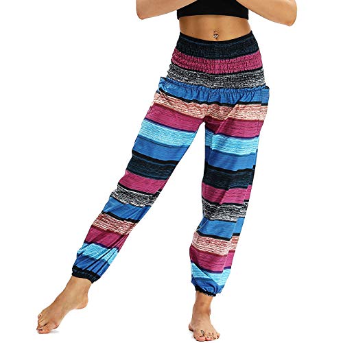 Nuofengkudu Damen Hippie Haremshose Capri Thai Hose Leichte mit Taschen Dünn Boho Ethno Blumenmuster Muster Strand Sommerhose Yogahose Streifen A von Nuofengkudu