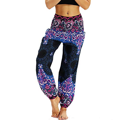 Nuofengkudu Damen Hippie Haremshose Capri Thai Hose Leichte mit Taschen Dünn Boho Ethno Blumenmuster Muster Strand Sommerhose Yogahose Violett Floral von Nuofengkudu