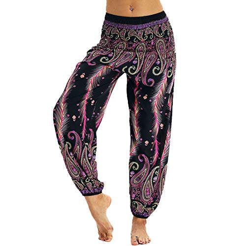 Nuofengkudu Damen Hippie Haremshose Capri Thai Hose Leichte mit Taschen Dünn Boho Ethno Blumenmuster Muster Strand Sommerhose Yogahose Violett Pfau von Nuofengkudu