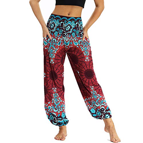 Nuofengkudu Damen Hippie Haremshose Capri Thai Hose Leichte mit Taschen Dünn Boho Ethno Blumenmuster Muster Strand Sommerhose Yogahose Weinrot Floral von Nuofengkudu