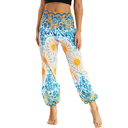 Nuofengkudu Damen Hippie Haremshose Capri Thai Hose Leichte mit Taschen Dünn Boho Ethno Blumenmuster Muster Strand Sommerhose Yogahose Weiß Floral von Nuofengkudu