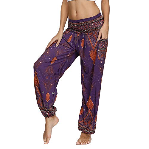 Nuofengkudu Damen Hippie Haremshose Yogahose mit Taschen Thai High Waist Yoga Hosen Leichte Dünn Boho Ethno Muster Strand Sommerhose Pumphose Freizeithose(W-Dunkel Lila Pfau,One Size) von Nuofengkudu