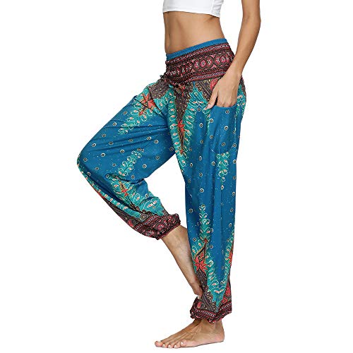 Nuofengkudu Damen Hippie Haremshose Yogahose mit Taschen Thai High Waist Yoga Hosen Leichte Dünn Boho Ethno Muster Strand Sommerhose Pumphose Freizeithose(W-Dunkelblau Pfau,One Size) von Nuofengkudu