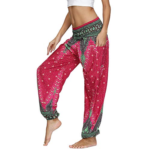 Nuofengkudu Damen Hippie Haremshose Yogahose mit Taschen Thai High Waist Yoga Hosen Leichte Dünn Boho Ethno Muster Strand Sommerhose Pumphose Freizeithose(W-Rose Pfau,One Size) von Nuofengkudu