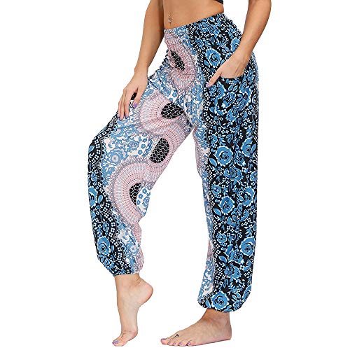 Nuofengkudu Damen Hippie Haremshose Yogahose mit Taschen Thai High Waist Yoga Hosen Leichte Dünn Boho Ethno Muster Strand Sommerhose Pumphose Freizeithose(Y-Blau Blatt,Einheitsgröße) von Nuofengkudu