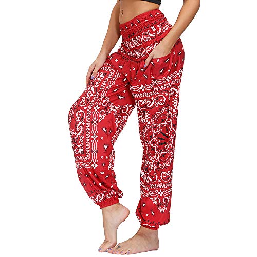 Nuofengkudu Damen Hippie Haremshose Yogahose mit Taschen Thai High Waist Yoga Hosen Leichte Dünn Boho Ethno Muster Strand Sommerhose Pumphose Freizeithose(Y-Rot Totem,Einheitsgröße) von Nuofengkudu