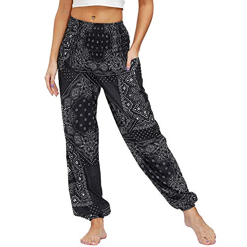 Nuofengkudu Damen Hippie Haremshose Yogahose mit Taschen Thai High Waist Yoga Hosen Leichte Dünn Boho Ethno Muster Strand Sommerhose Pumphose Freizeithose(Y-Schwarz Totem,Einheitsgröße) von Nuofengkudu