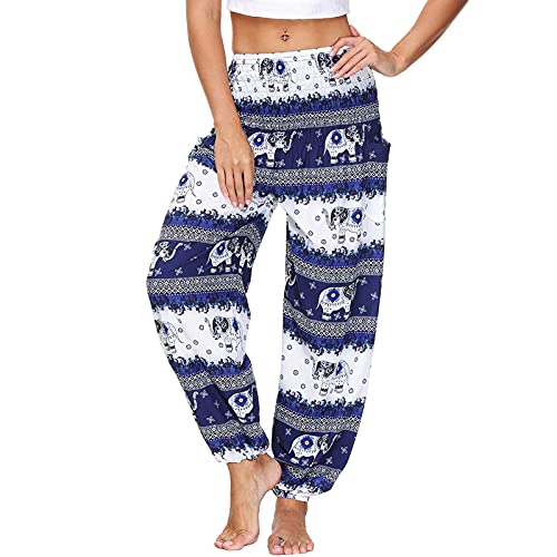 Nuofengkudu Damen Hippie Haremshose Yogahose mit Taschen Thai High Waist Yoga Hosen Leichte Dünn Boho Ethno Muster Strand Sommerhose Pumphose Freizeithose Einheitsgröße Y-Blau A von Nuofengkudu