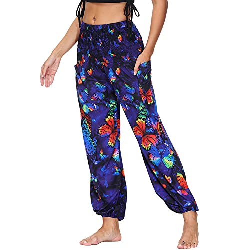 Nuofengkudu Damen Hippie Haremshose Yogahose mit Taschen Thai High Waist Yoga Hosen Leichte Dünn Boho Ethno Muster Strand Sommerhose Pumphose Freizeithose Einheitsgröße Y-Blau B von Nuofengkudu