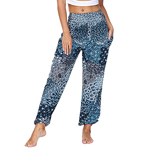 Nuofengkudu Damen Hippie Haremshose Yogahose mit Taschen Thai High Waist Yoga Hosen Leichte Dünn Boho Ethno Muster Strand Sommerhose Pumphose Freizeithose Einheitsgröße Y-Blau von Nuofengkudu