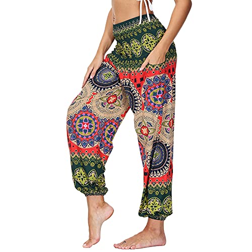 Nuofengkudu Damen Hippie Haremshose Yogahose mit Taschen Thai High Waist Yoga Hosen Leichte Dünn Boho Ethno Muster Strand Sommerhose Pumphose Freizeithose Einheitsgröße Y-Grün von Nuofengkudu