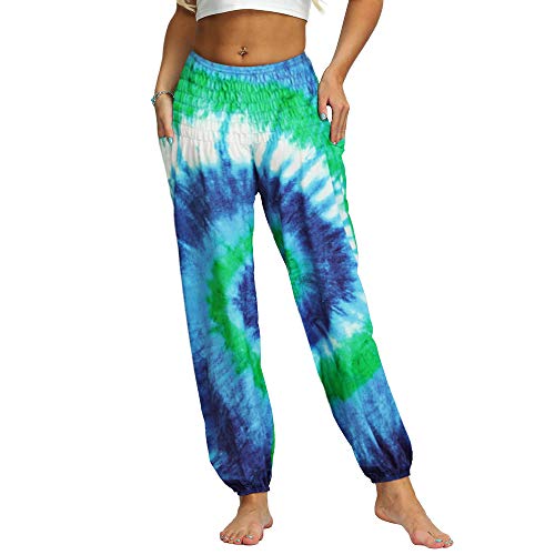 Nuofengkudu Damen Hippie Haremshosen mit Taschen Leichte Boho Muster Bunt High Waist Yogahosen Sommer Lockere Aladin Hosen (Grün A,One Size) von Nuofengkudu