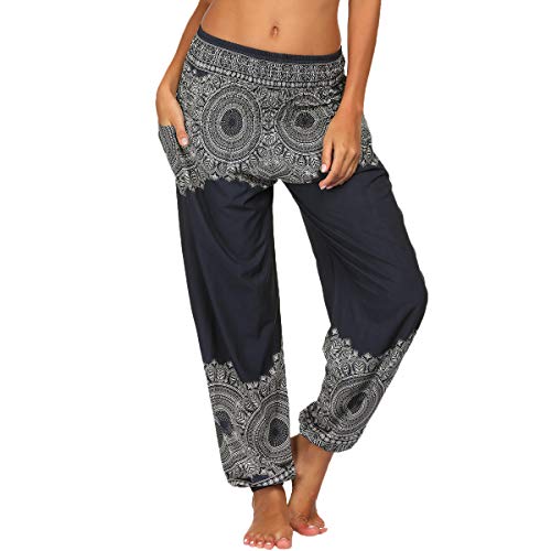 Nuofengkudu Damen Hippie Haremshosen mit Taschen Leichte Boho Muster Bunt High Waist Yogahosen Sommer Lockere Aladin Hosen (Schwarz A,One Size) von Nuofengkudu