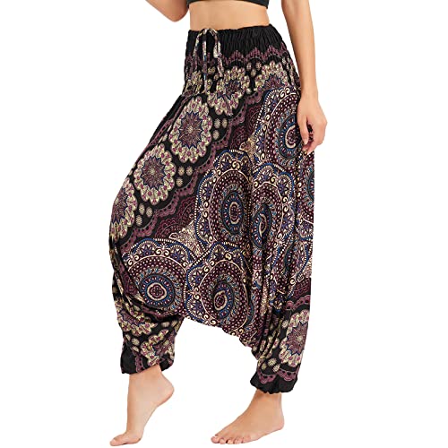 Nuofengkudu Damen Tiefer Schritt Hippie Haremshose Baggy Bunte Harem Jumpsuit Viskose Hose Leicht Dünn Luftig Wahrsagerin Kostüm Hosen Sommerhose Yogahose Haushose Einheitsgröße Blumen Schwarz Gold von Nuofengkudu