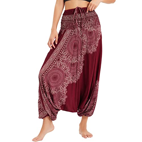 Nuofengkudu Damen Tiefer Schritt Hippie Haremshose Baggy Bunte Harem Jumpsuit Viskose Hose Leicht Dünn Luftig Wahrsagerin Kostüm Hosen Sommerhose Yogahose Haushose Einheitsgröße FZ Flower WineRot von Nuofengkudu