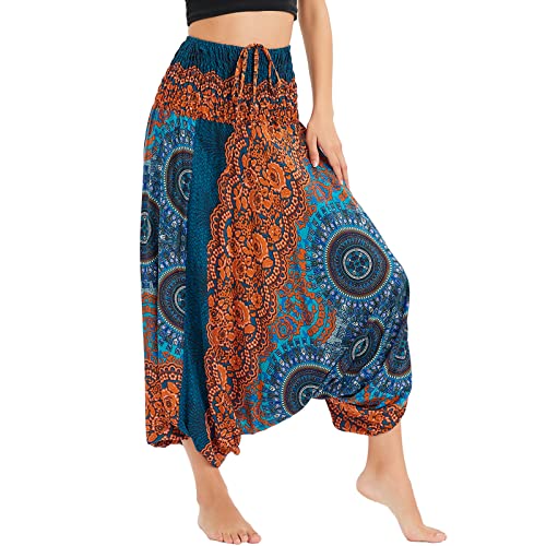 Nuofengkudu Damen Tiefer Schritt Hippie Haremshose Baggy Bunte Harem Jumpsuit Viskose Hose Leicht Dünn Luftig Wahrsagerin Kostüm Hosen Sommerhose Yogahose Haushose Einheitsgröße Kompass Grün von Nuofengkudu